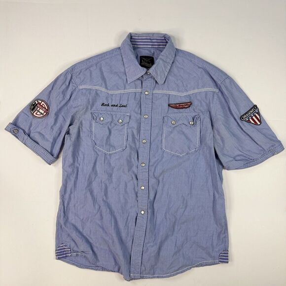 Dragonfly Mens Y2K Patched AOP Button Down Shirt Blue Stripe Pearl Snap‎ Size L - Picture 1 of 9